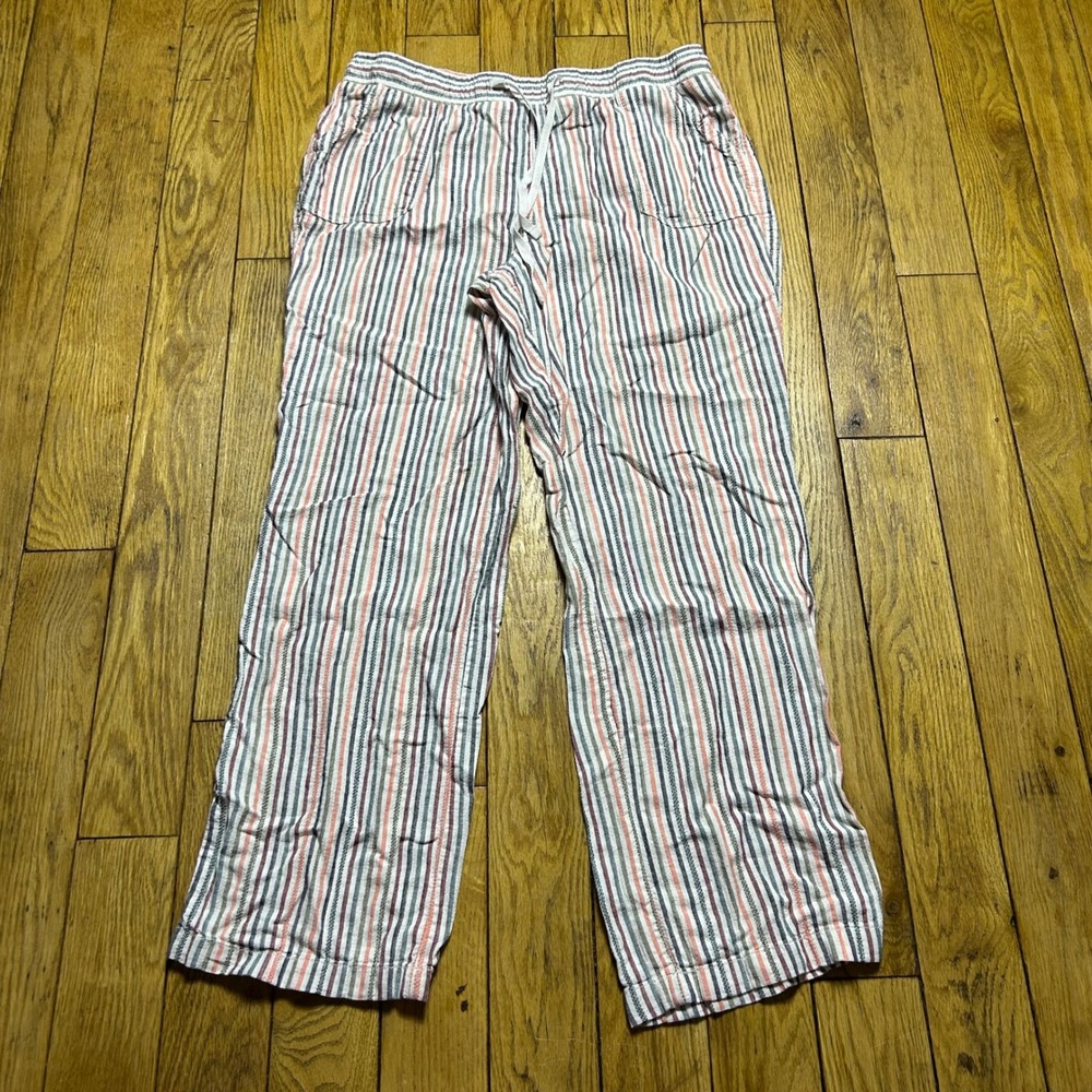 Cato Womens Large Striped Linen Blend Pull On Pants‎ Elastic Waist Straight Leg